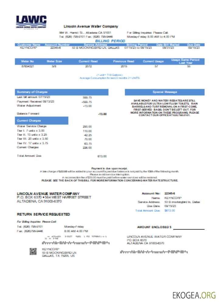 Facture commerciale de services publics de la Lincoln Avenue Water Company SCR